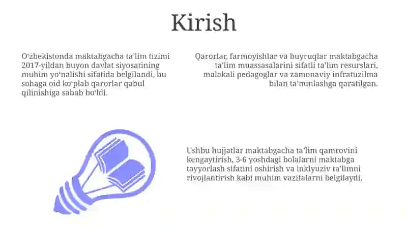 Maktabgacha ta'limga doir farmon,qaror va farmoyishlarni sohaga keng tatbiq etish 3
