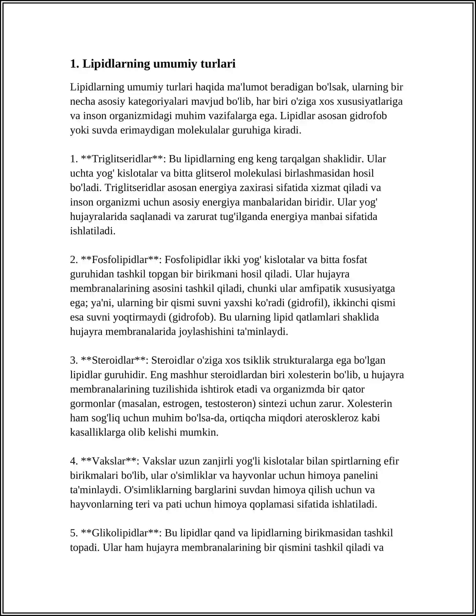 LIPIDLAR.SOVUNLANMAYDIGAN LIPIDLAR.TERPENLAR VA STEROIDLAR TUZILISHI VA XOSSALARI 3