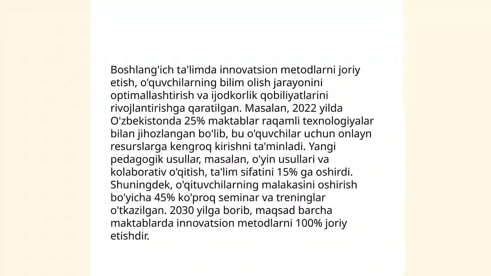 Boshlang‘ich ta'limda yangi metodlarni dars jarayonida qo'llash imkoniyatlari haqida maqola tahlili 3