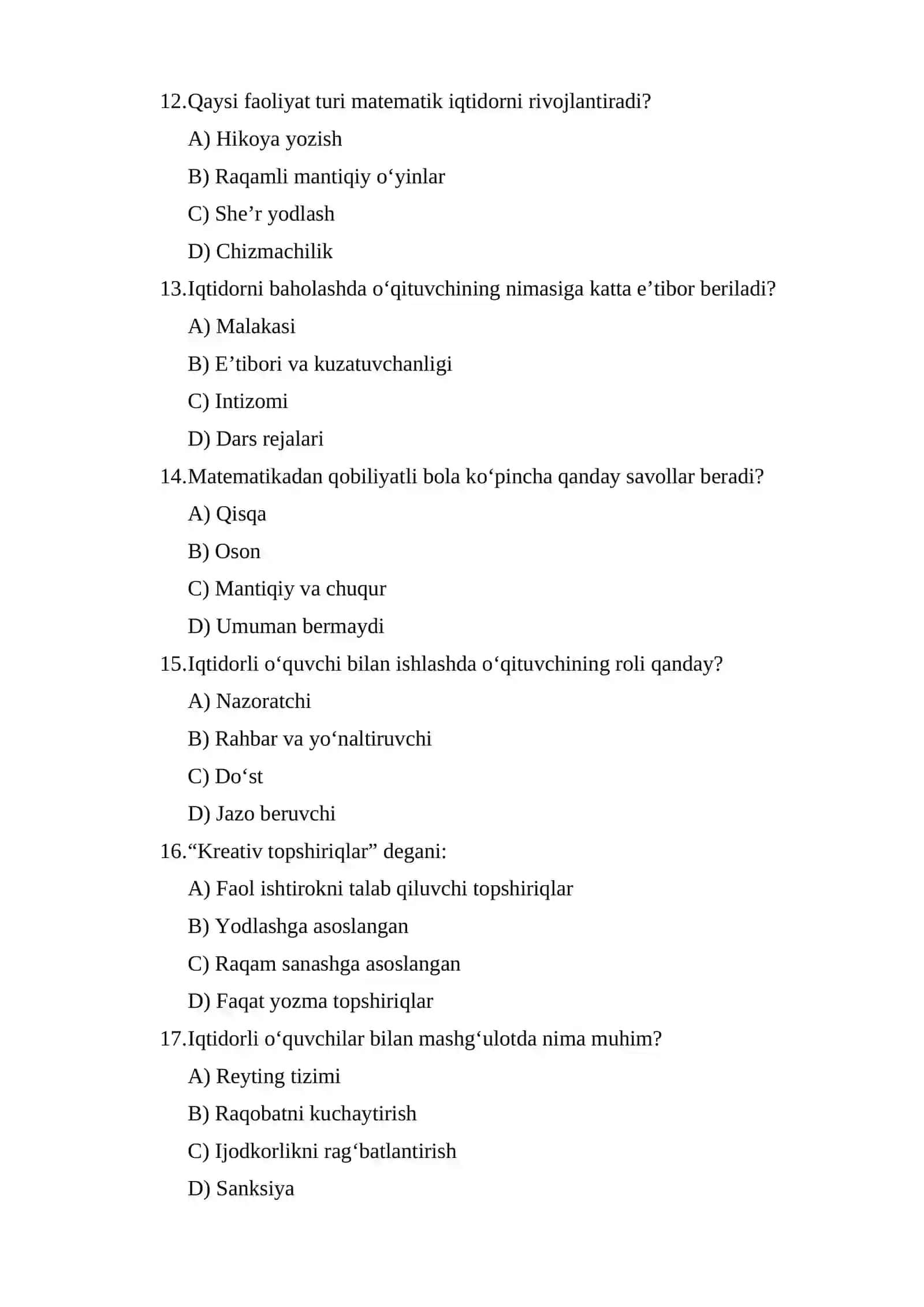 Boshlang‘ich sinfda matematikadan iqtidorli o‘quvchilar bilan ishlash test 3