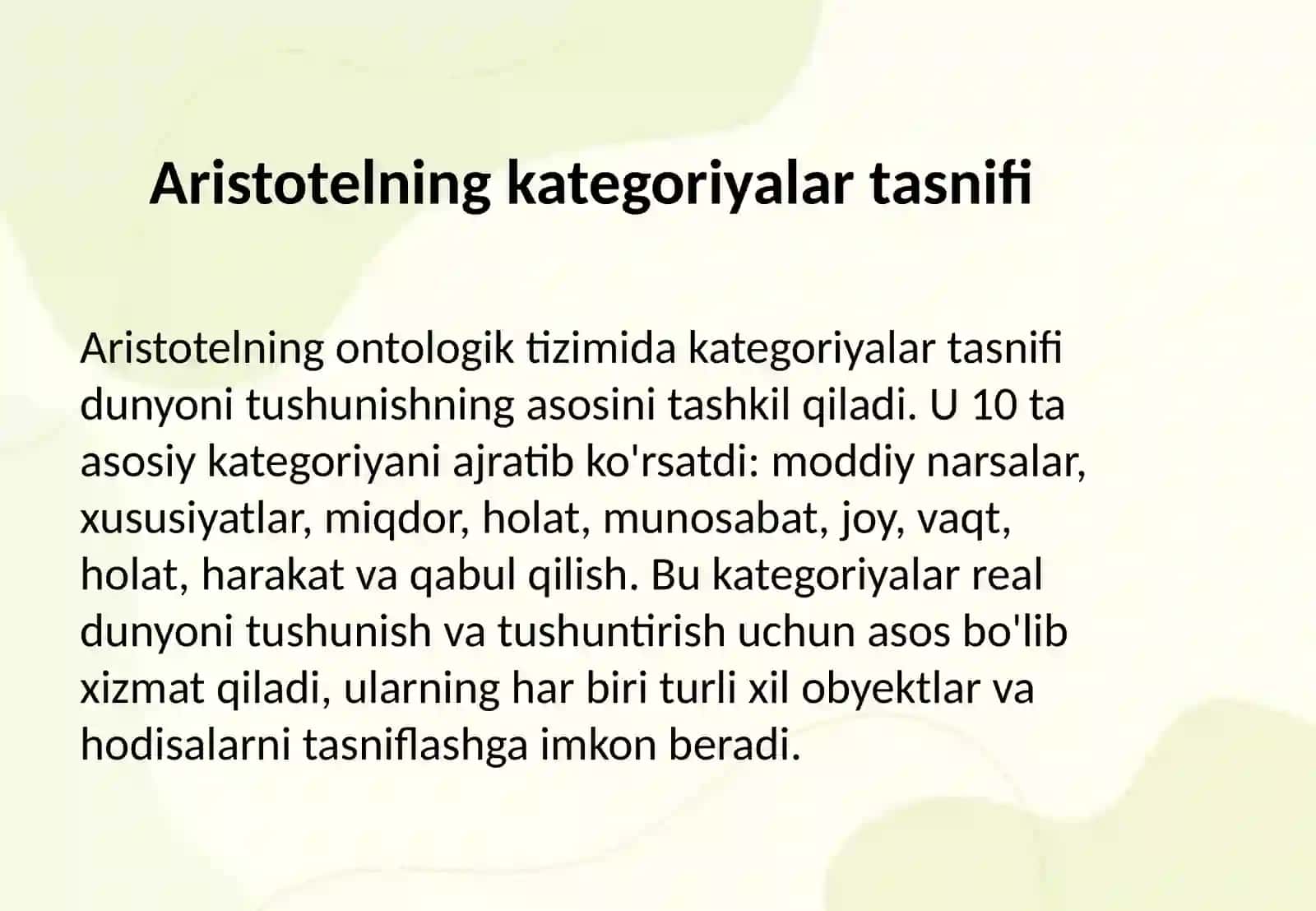 Aristotel, Forobiy va Kant ontologiyasida kategoriyalarning tasnifi 3
