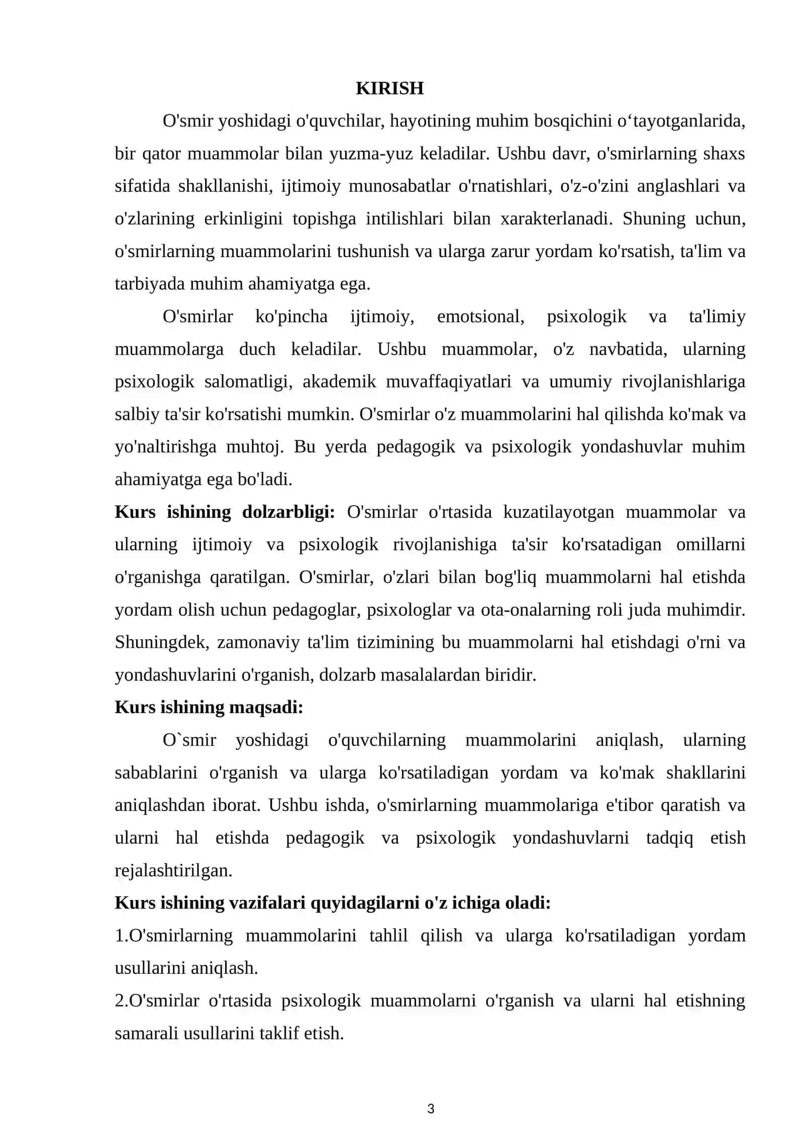 O'SMIR YOSHDAGI O'QUVCHILARNING MUAMMOLARI VA ULARGA KO'RSATILADIGAN YORDAM KURS ISHI 3