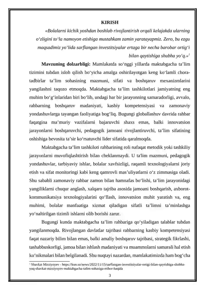 Maktabgacha talim tashkiloti rahbariga qoyiladigan zamonaviy talablar va ularning amaliy tatbiqi. 3
