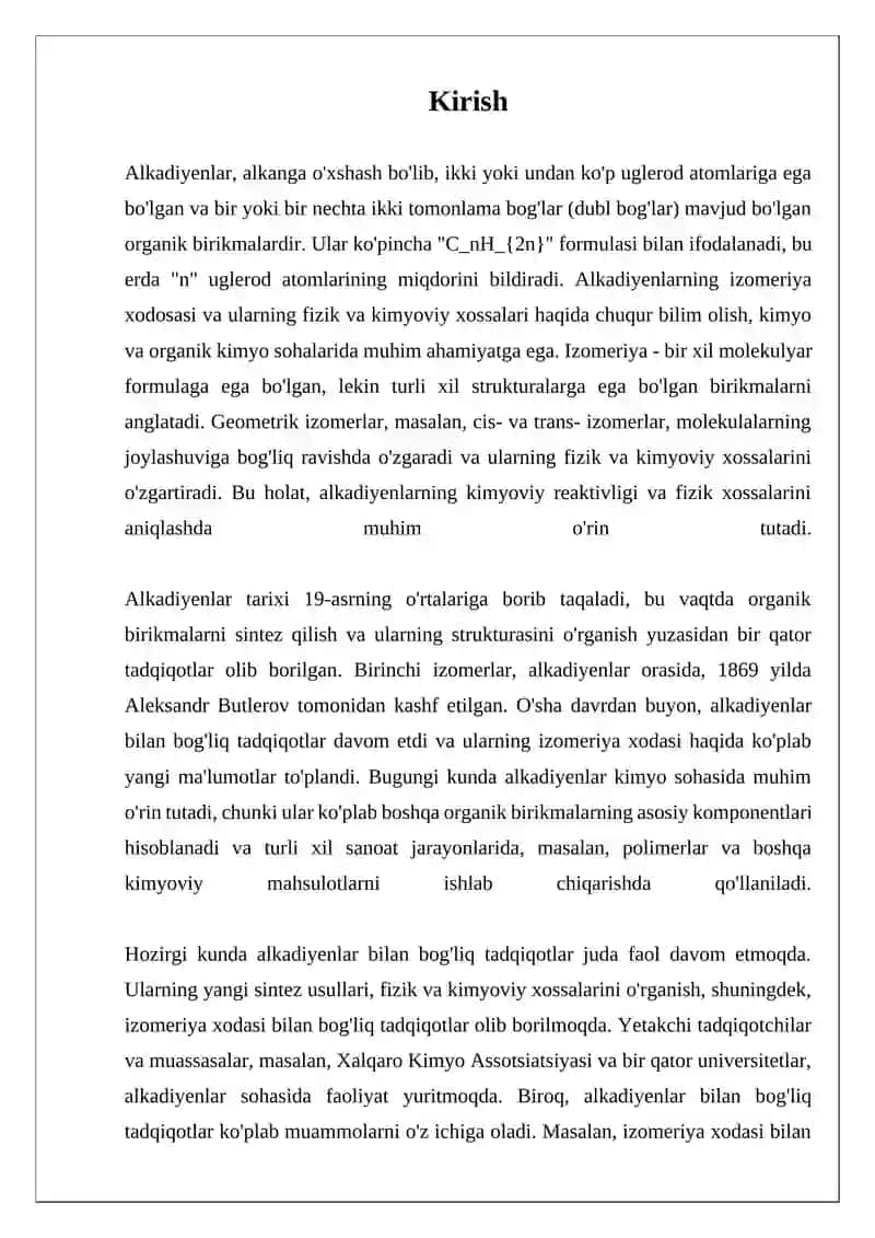 Alkadiyenlarda  izomeriya xodisasi. Alkadiyenlarning fizik va kimyoviy xossalarssalarik 3