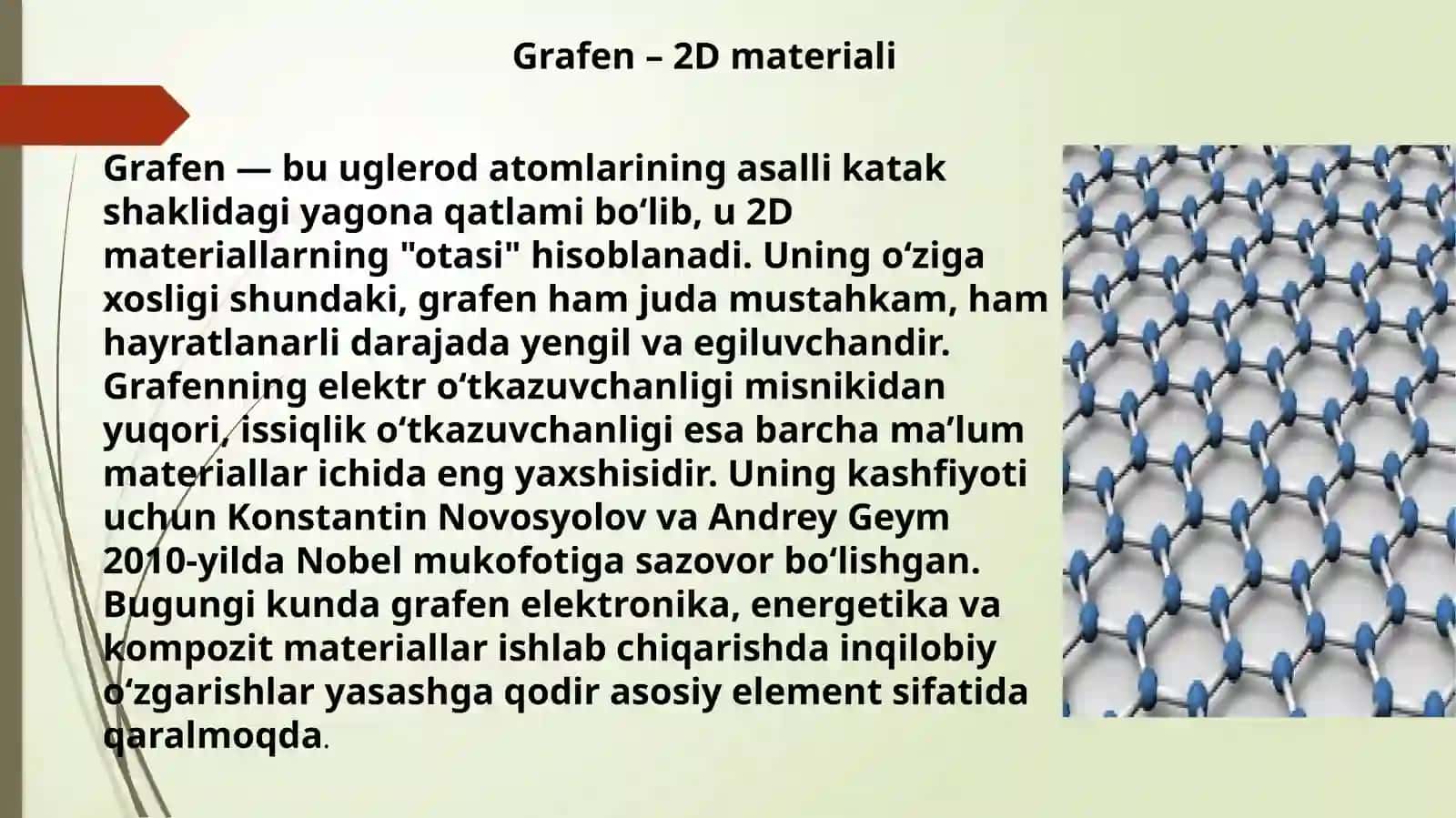 2D materiallar(grafen, MoS4, va boshqalar) sintez qilish xossalari qo’llanishi 3