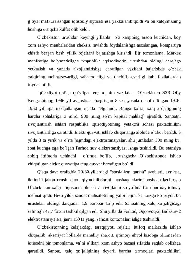 Urushdan keyingi yillarda O'zbekistonning iqtisodiy va madaniy hayoti 3