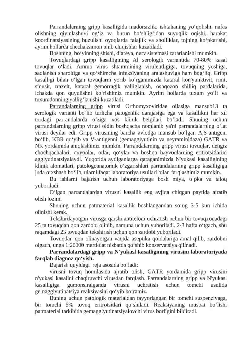Gemagglyutitnatsiyani to‘xtatish reaksiyasi yordamida parrandalarning gripp virusini Nyukasl kasalligi virusidan farqlash 3