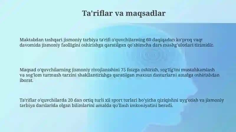 Sinfdan tashqari olip boriladigan jismoniy tarbiya ishlariga tasnif 3