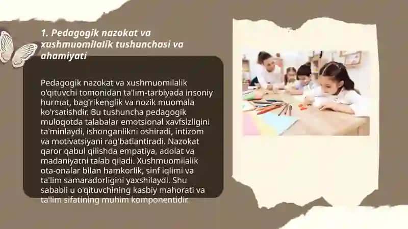 Pedagogik nazokat, va xushmuomilalik, kasbiy pedagogik dilkashlikning oʻqituvchi xulq-atvorida shakllanishi 3
