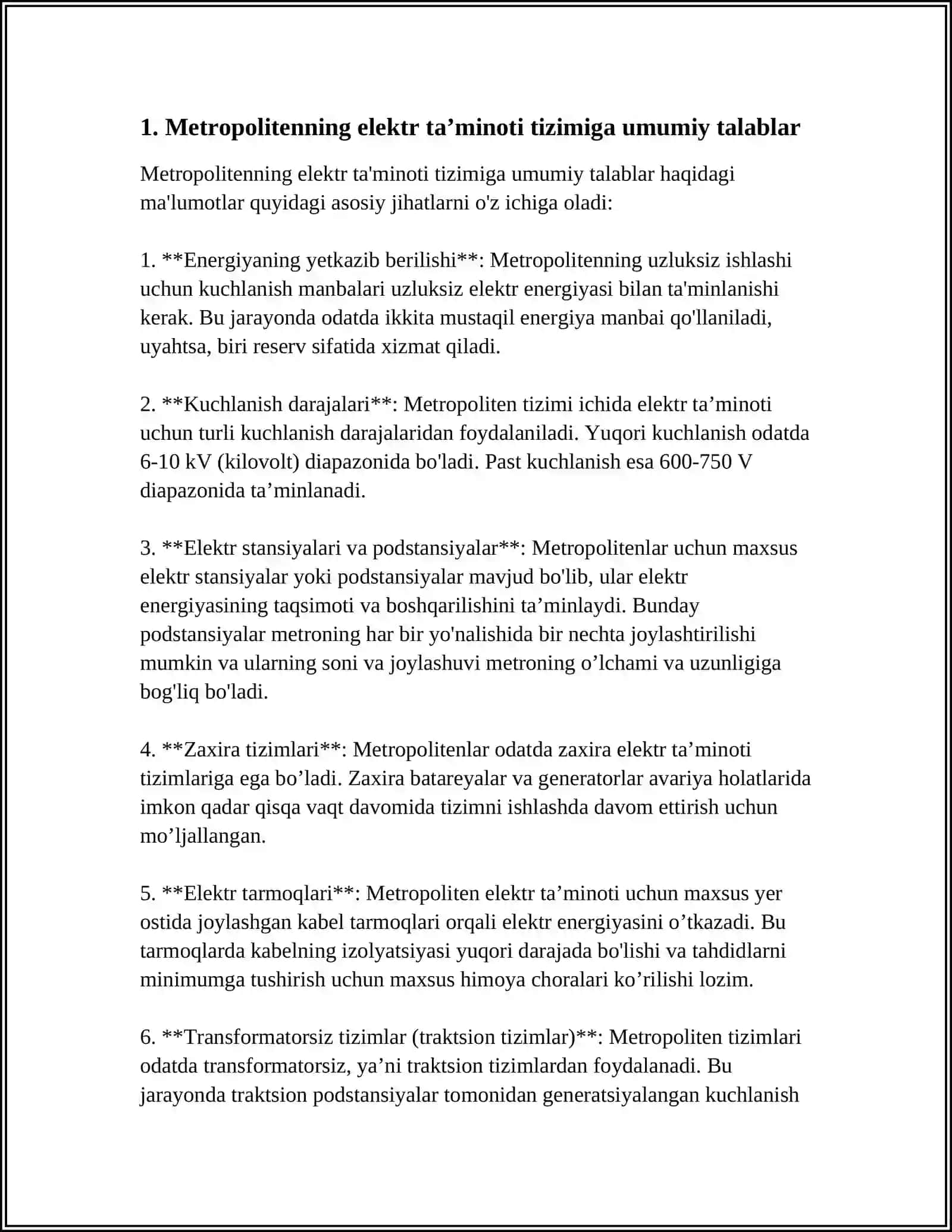 METROPOLITENNI ELEKTR TA’MINOTI UCHUN TALABLAR 3