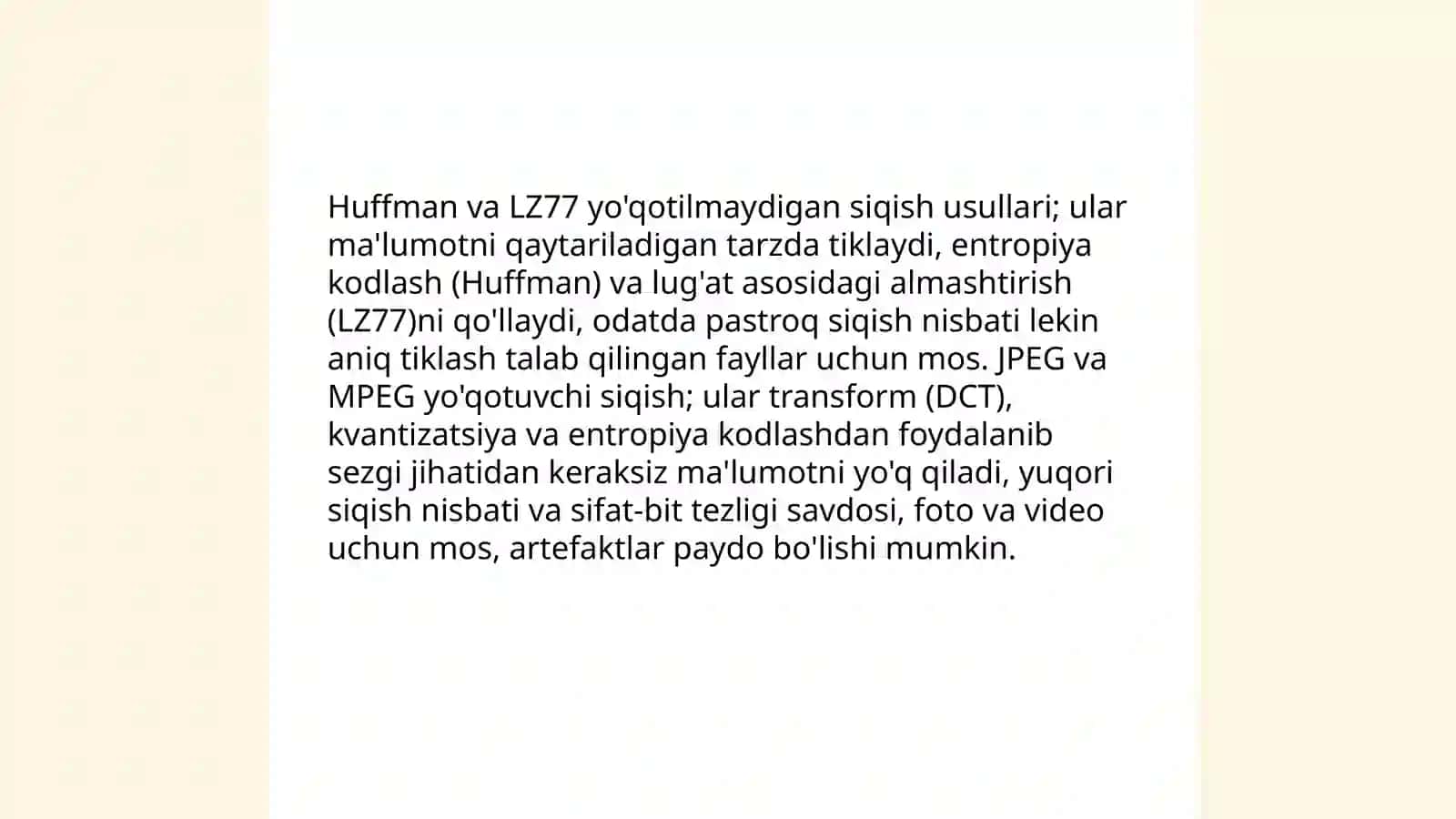 Huffman, LZ77, JPEG va MPEG'ning siqish turi: yo'qotuvchi va yo'qotilmaydigan farqlari 3
