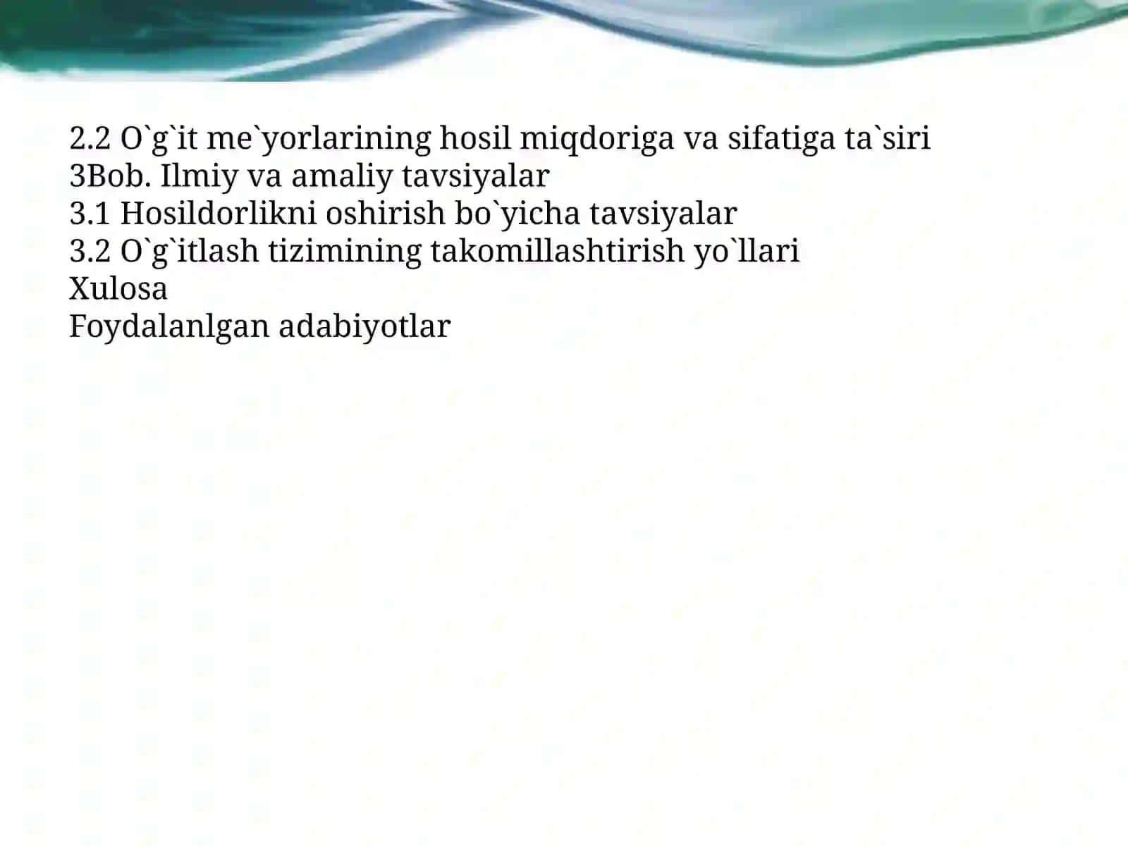Murakkabo`g`itlarning me`yorlari va ukinlarining ekini tasirli sifatiga o`rgatish usullariga oid kurs ishchisi 3