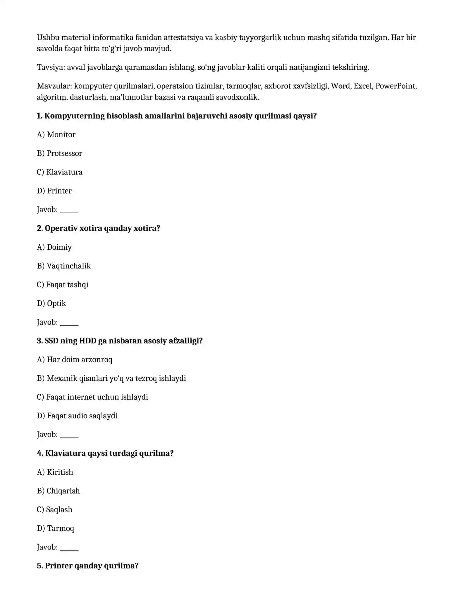 INFORMATIKA ATTESTATSIYASI 3