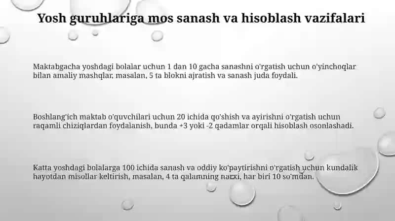 Turli yoshdagi bolalarni sanash va hisoblashga o'rgatish usullari 3