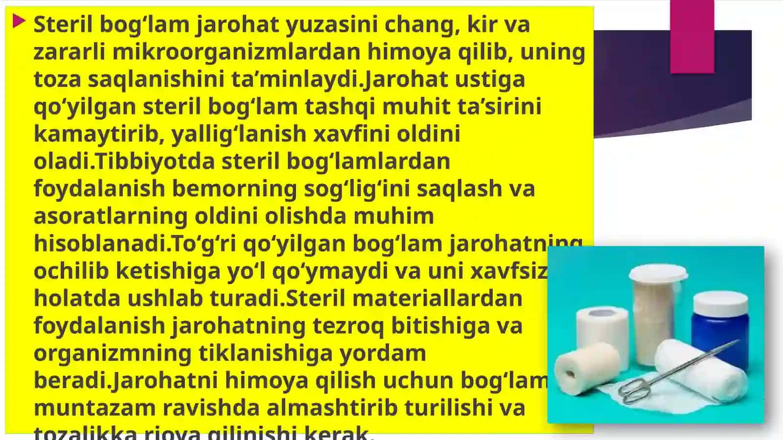 Bosh, ko‘krak, qorin, qo‘l va oyoqlargasterilizatsiyaqilingan bog‘lamlar qo‘yish 3