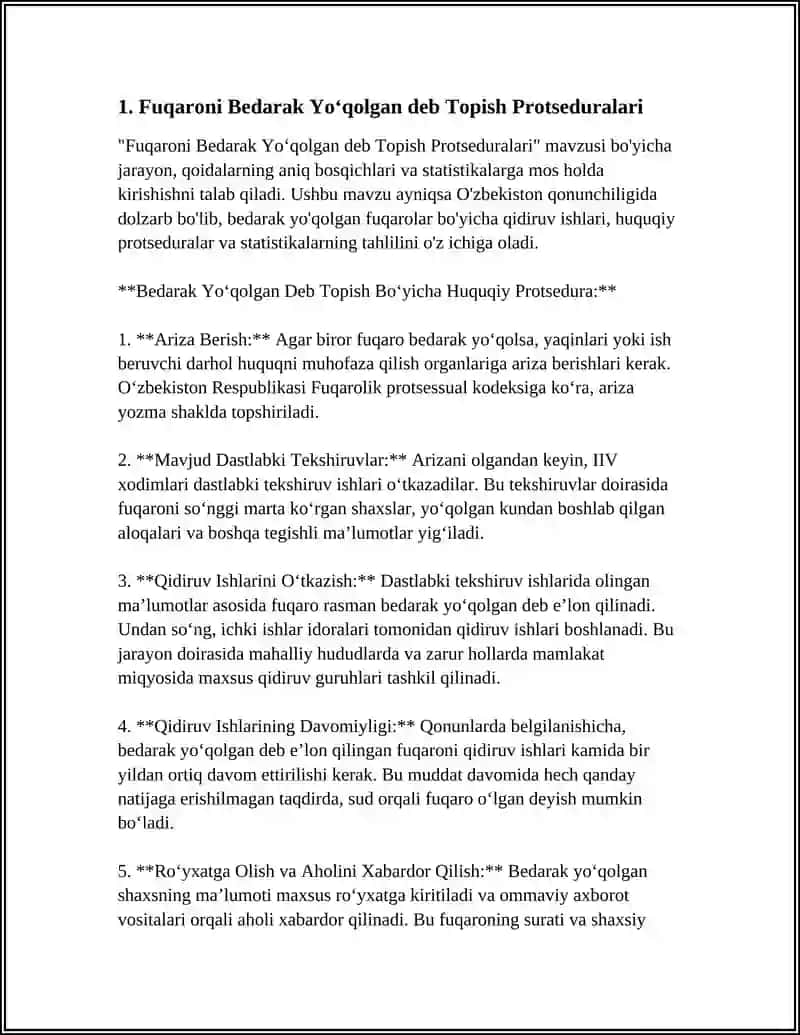 FUQARONI BEDARAK YOʻQOLGAN VA VAFOT ETGAN DEB TOPISH TOʻGʻRISIDAGI ISHLAR 3