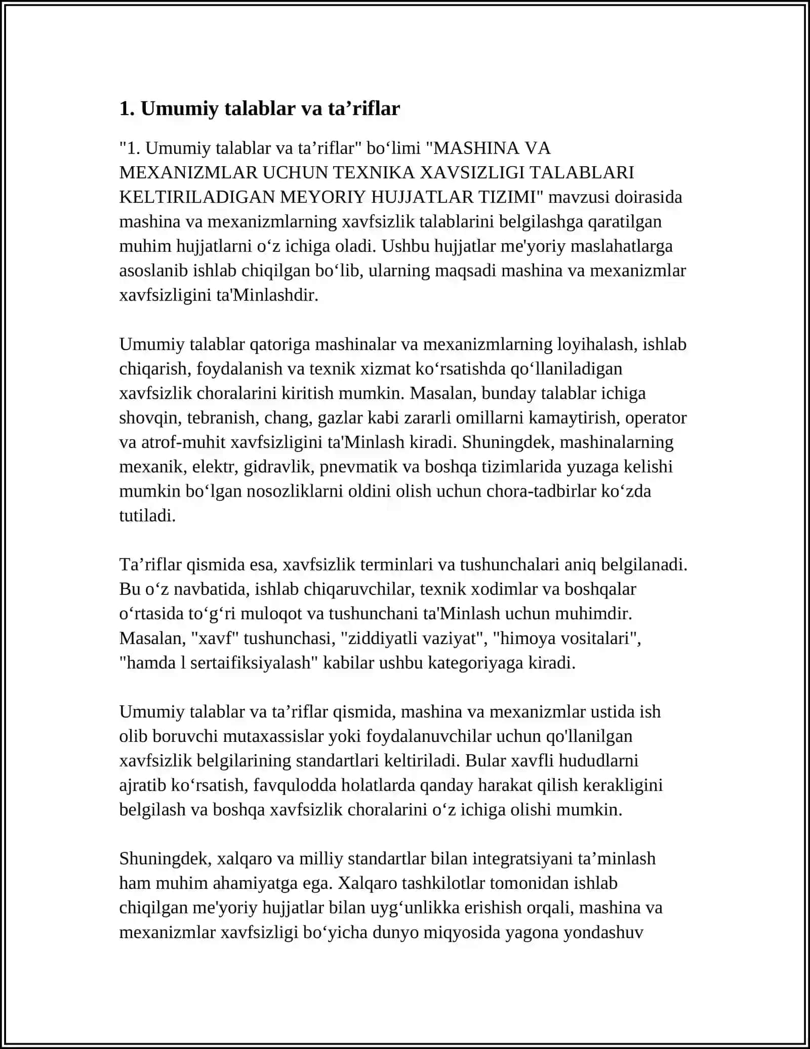 MASHINA VA MEXANIZMLAR UCHUN TEXNIKA XAVSIZLIGI TALABLARI KELTIRILADIGAN MEYORIY HUJJATLAR TIZIMI 3