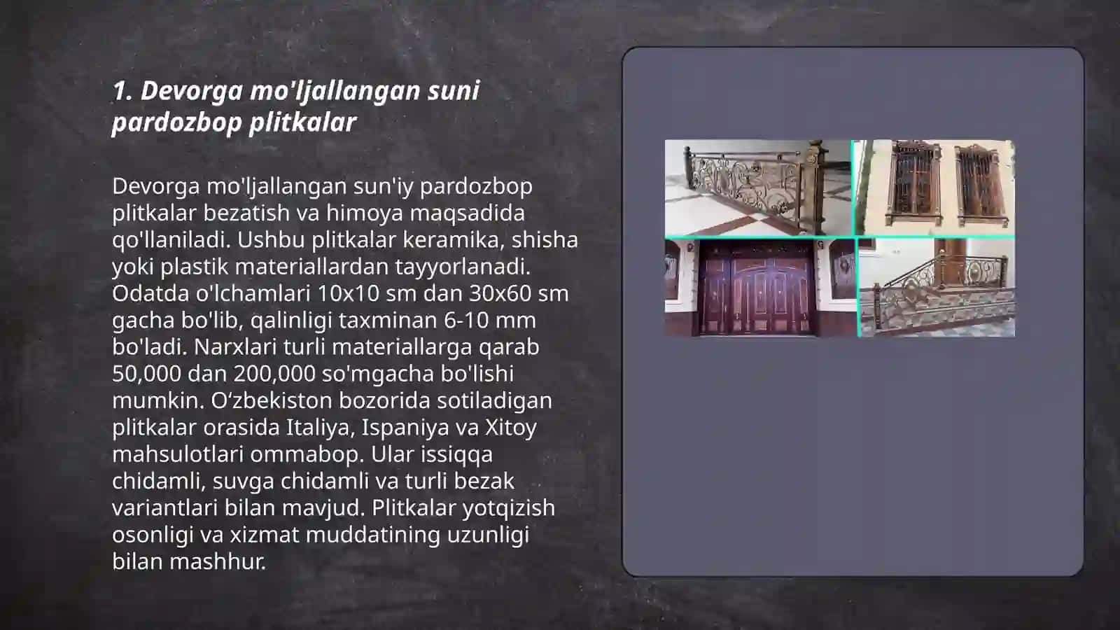 Devorga mo'ljallangan suni pardozbop plitkalar 3