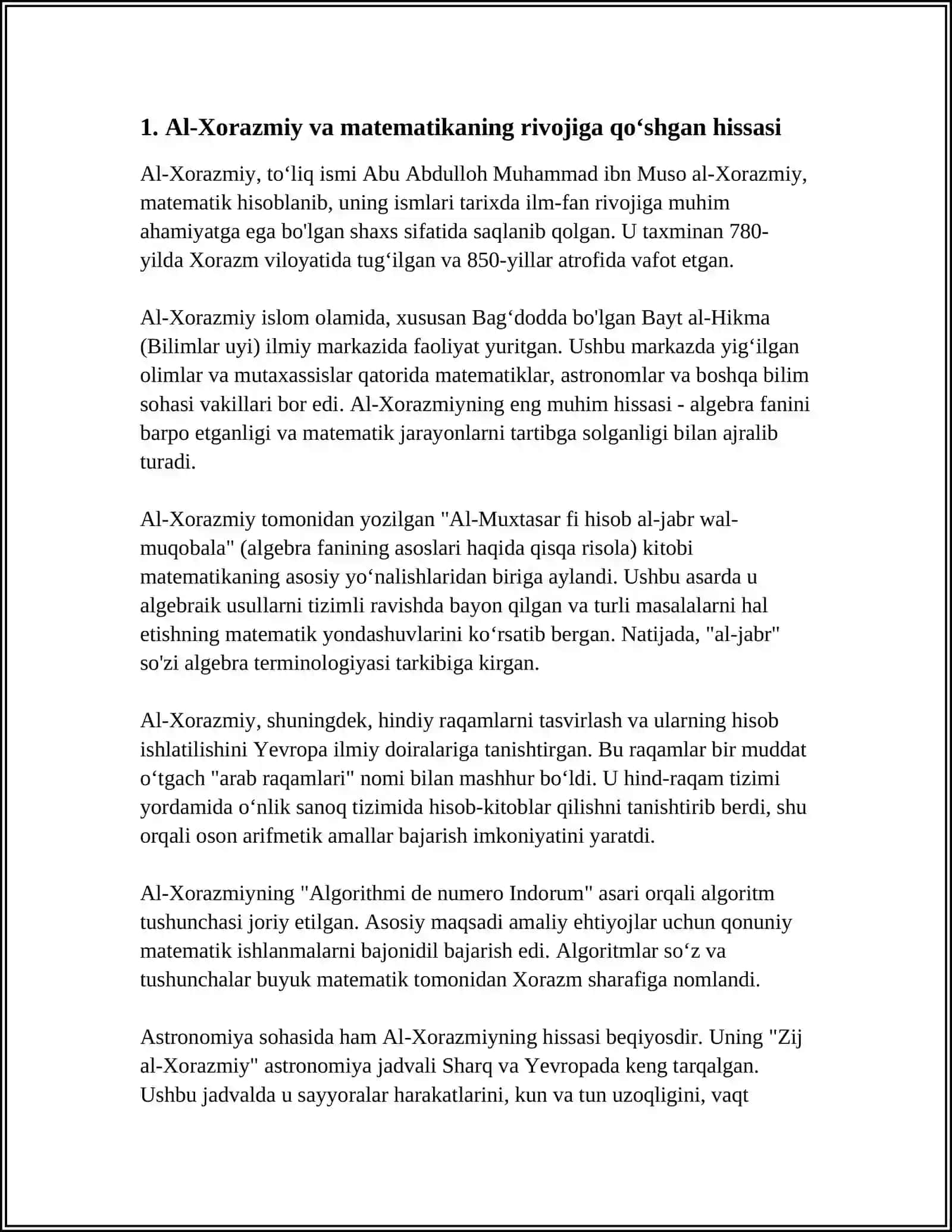 OʻRTA OSIYOLIK ALLOMALARINING JAHON SIVILLITZIYASIGA QOʻSHGAN HISSASI 3