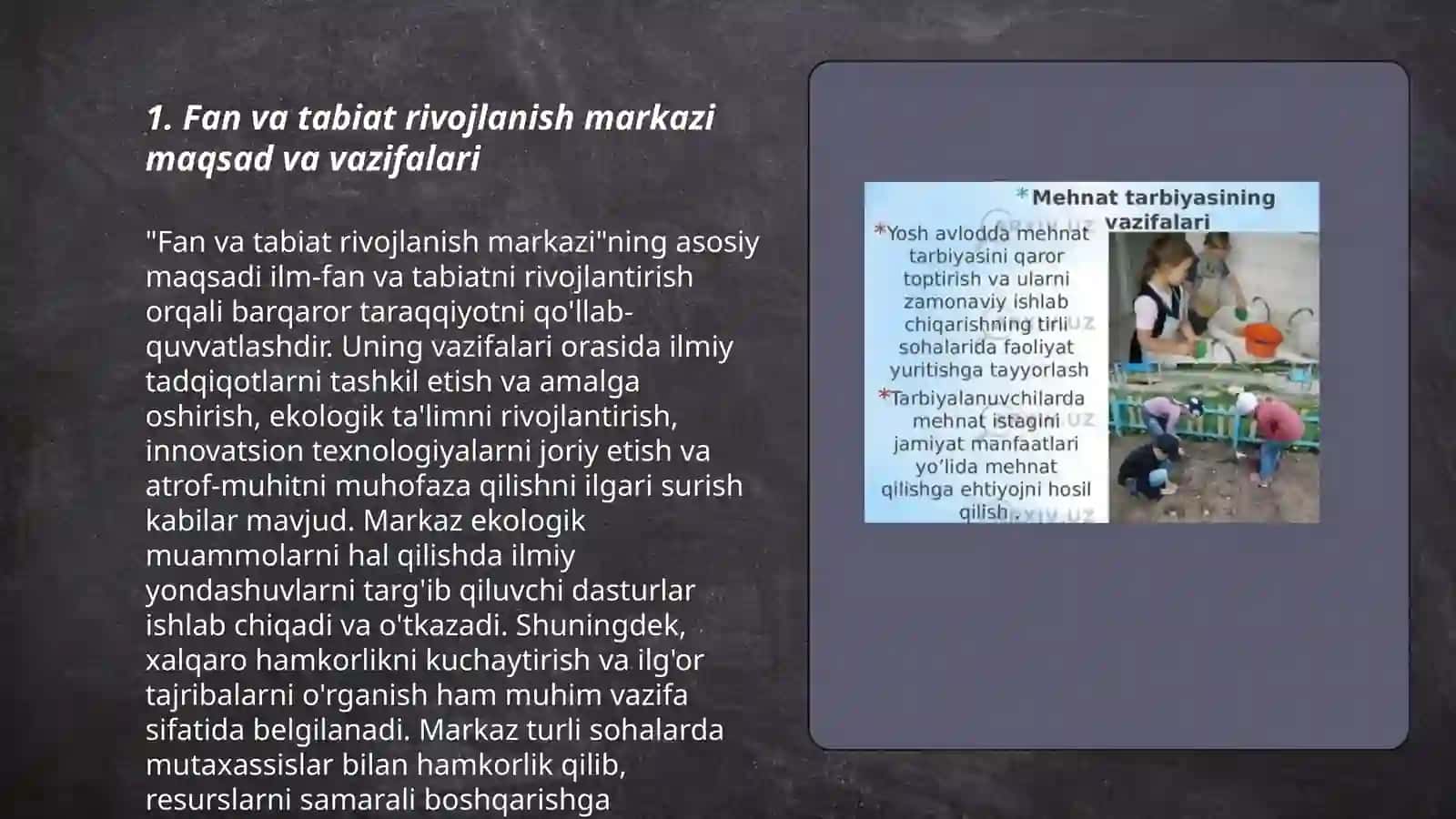 Fan va tabiat rivojlanish markazini jihozlash va undan tadqiqot faoliyatini tashkil etish 3