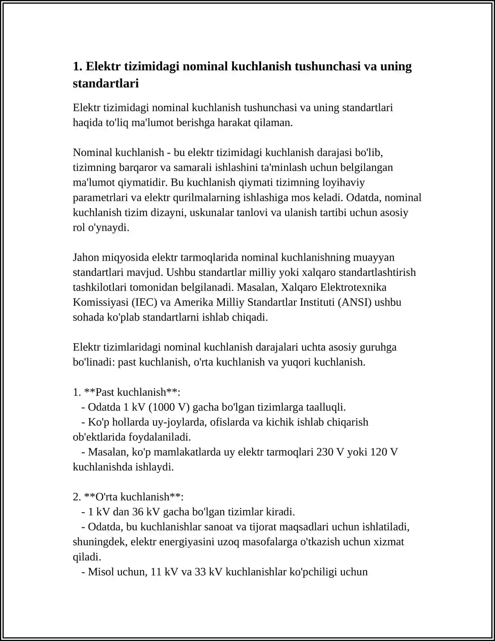 ELEKTR SISTEMASI ELEMENTLARINING NOMINAL KUCHLANISHI 3