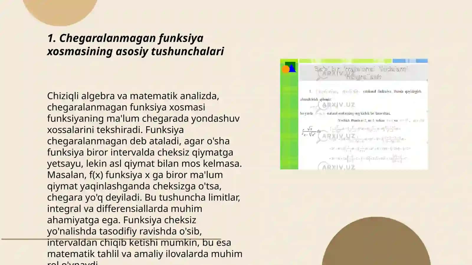 Chegaralanmagan funksiya xosmas integralni boʼlaklab integrallash 3