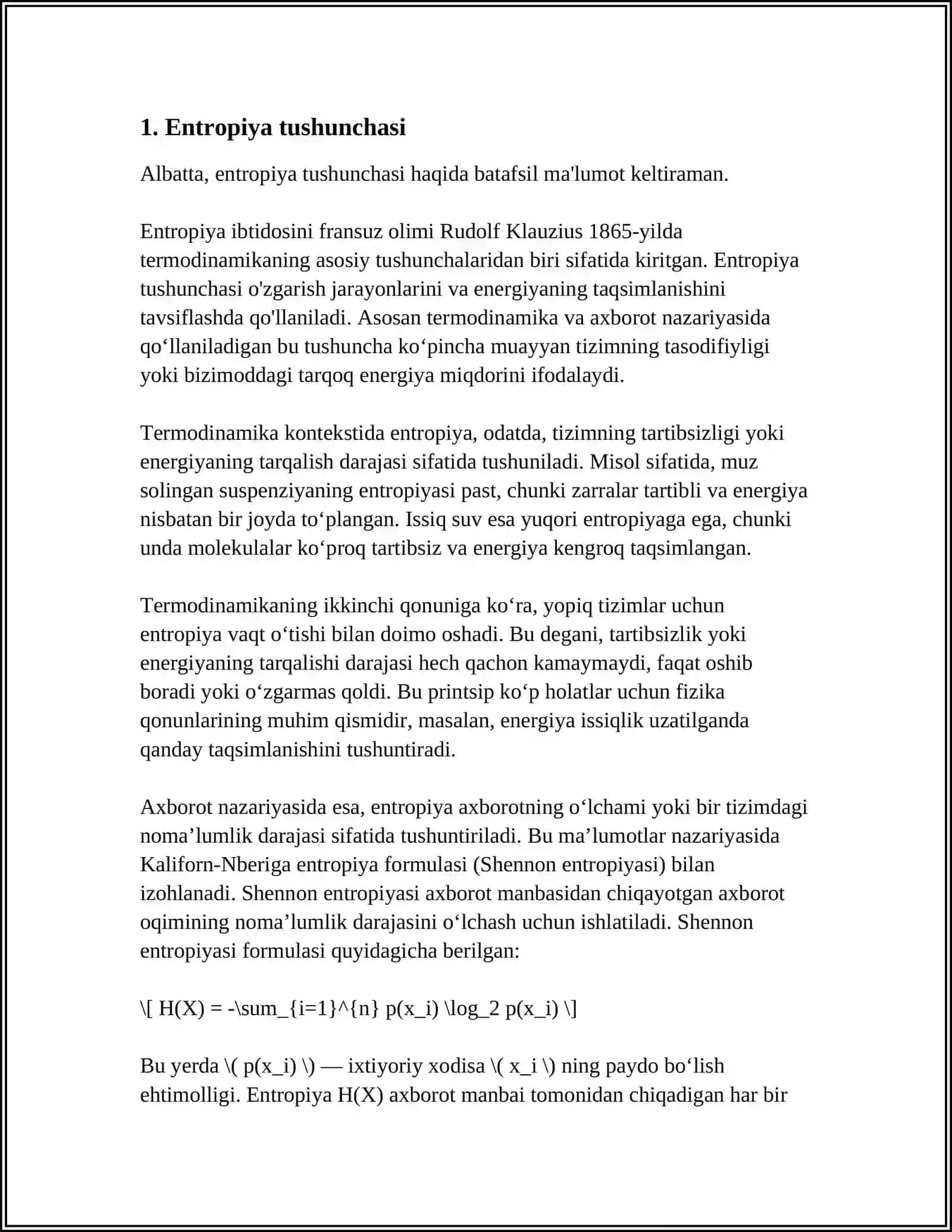 ENTROPIYA. YAKKALANGAN MUVOZANATSIZ HOLATDAGI TIZIM ENTROPIYASINI MAKROHOLATINING STATISTIK VAZNI ORQALI ANIQLASH. ENTROPIYANING O'SISH PRINSIPI 3