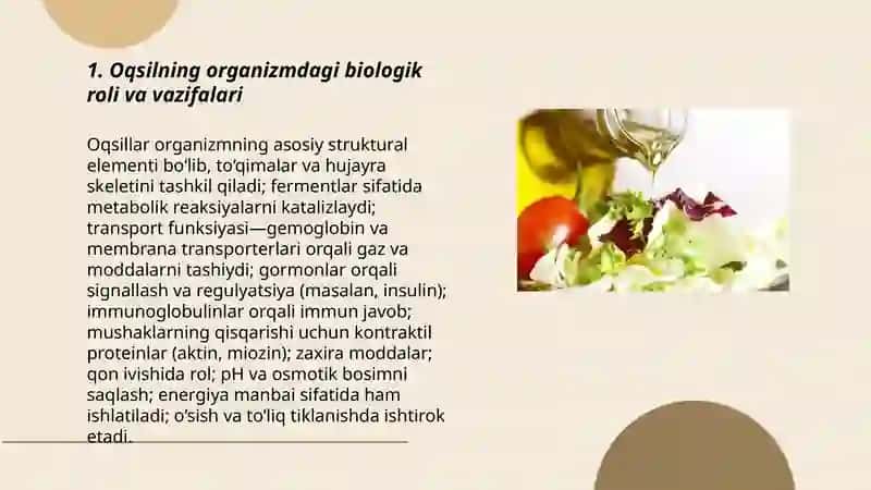 Asosiy oziqaviy moddalar-oqsil, uglevod, karbonsuvlar, mineral moddalar va vitaminlarning biologik roli va asosiy manbalari 3