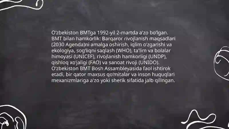 O‘zbekistonning Birlashgan Millatlar Tashkiloti (BMT) bilan hamkorlik aloqalari 3