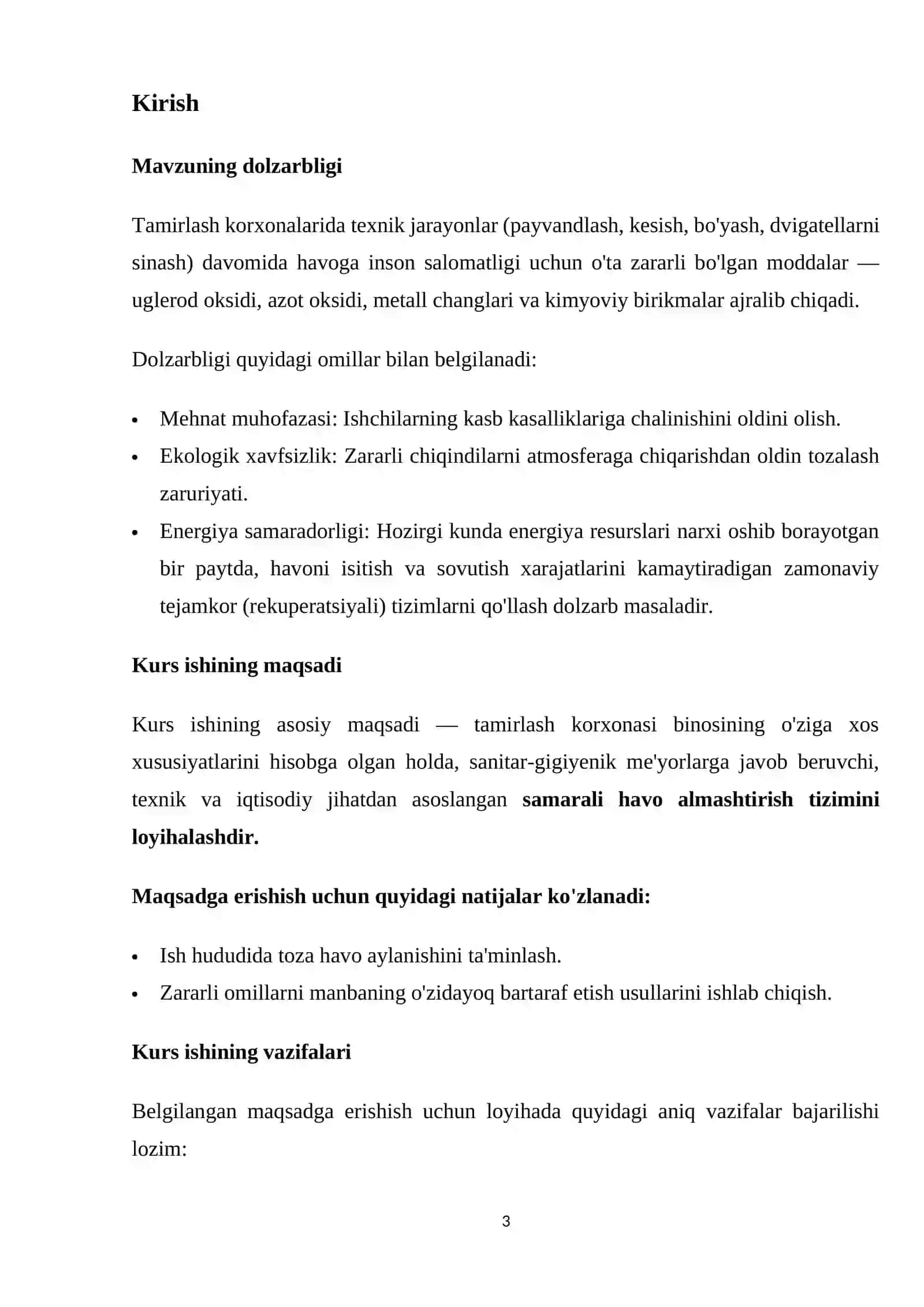 Tamirlash korxonasi uchun havo almashtirish tizimini hisoblash va loyihalash 3