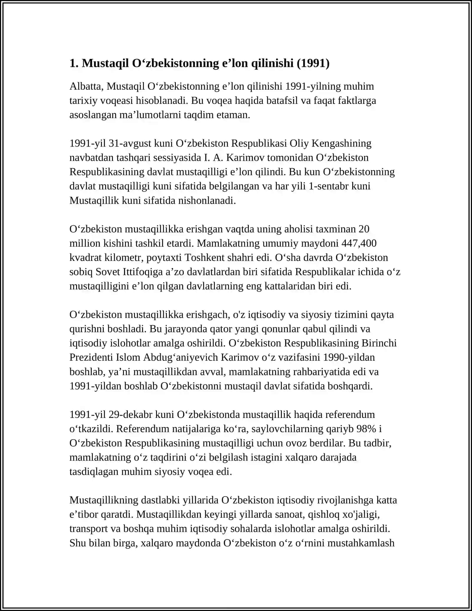 MUSTAQIL OʻZBEKISTONNING TASHKIL TOPISHI VA UNING TARIXIY AHAMIYATI 3