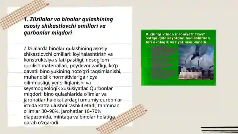 Halokatlarda asosiy shikastlovchi omillar. Aholi o’rtasidagi qurbonlar va shikastlanganlar miqyosi. 3