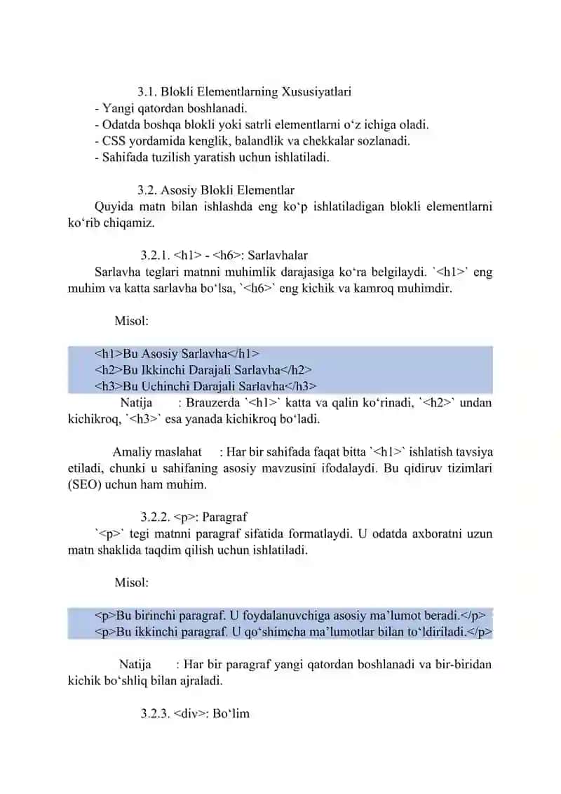 Web Texnologiyalar Fanidan Ma'ruza: Matn bilan Ishlash, Blokli va Satrli Belgilash Elementlari 3