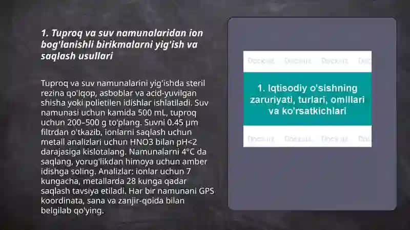 Tuproq va suvning ifloslanishidan ion boglanishli birikmalarni aniqlash g'oyasi 3