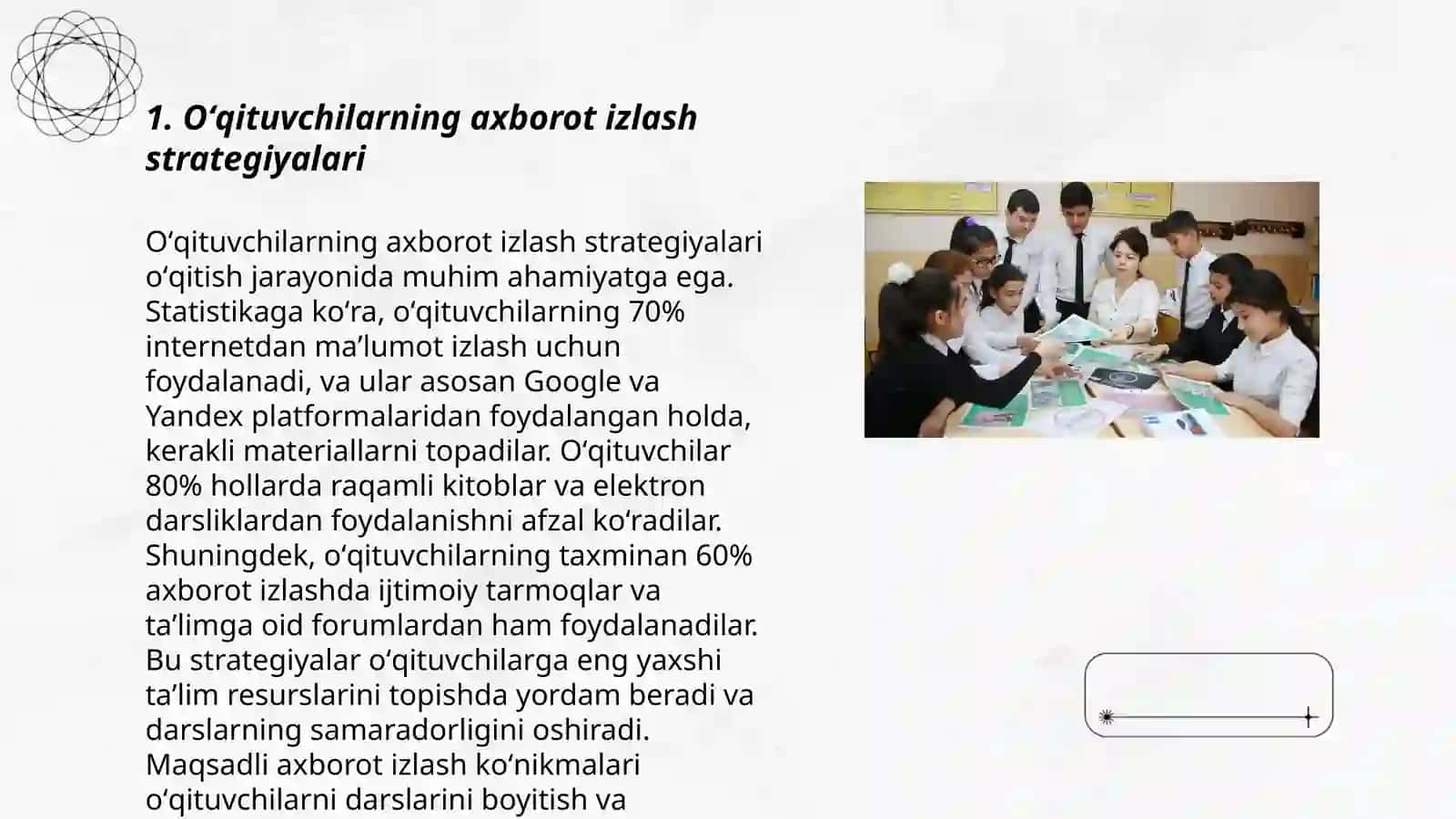 Oʻquv axborot (ma’lumot)larini samarali izlash-pedagogning kreativlik sifatlariga egaligini koʻrsatuvchi muhim holat ekanligi 3