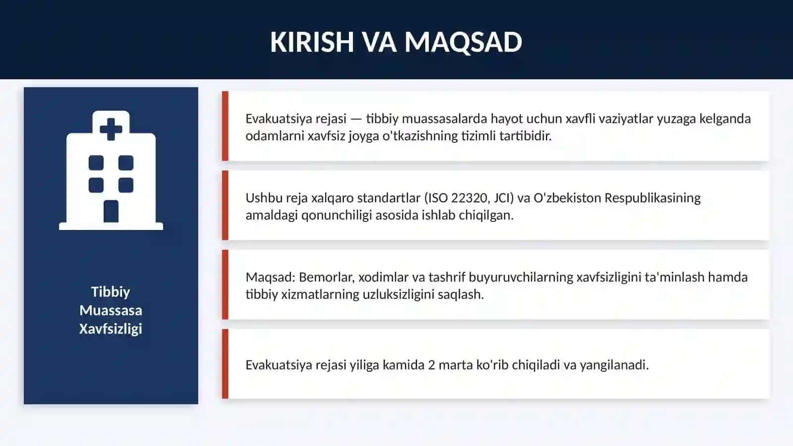 Favqulodda vaziyatlar xavfi tug'ilganda va sodir bo'lganda
tibbiy muassasalarni evaku 3