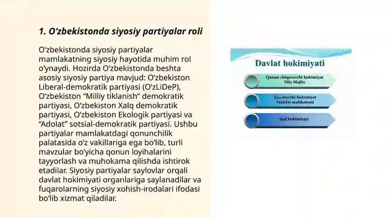 O’zbekistonda davlat hokimiyati va boshqaruvni demokratiyalashtirish jarayonlarining o’ziga xosligi. 3