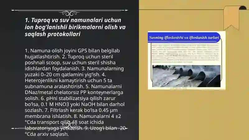 Tuproq va suvning ifloslanishida ion bog'lanishli birikmalarni aniqlab, ulardan tozalash usulini ishlab chiqarish 3