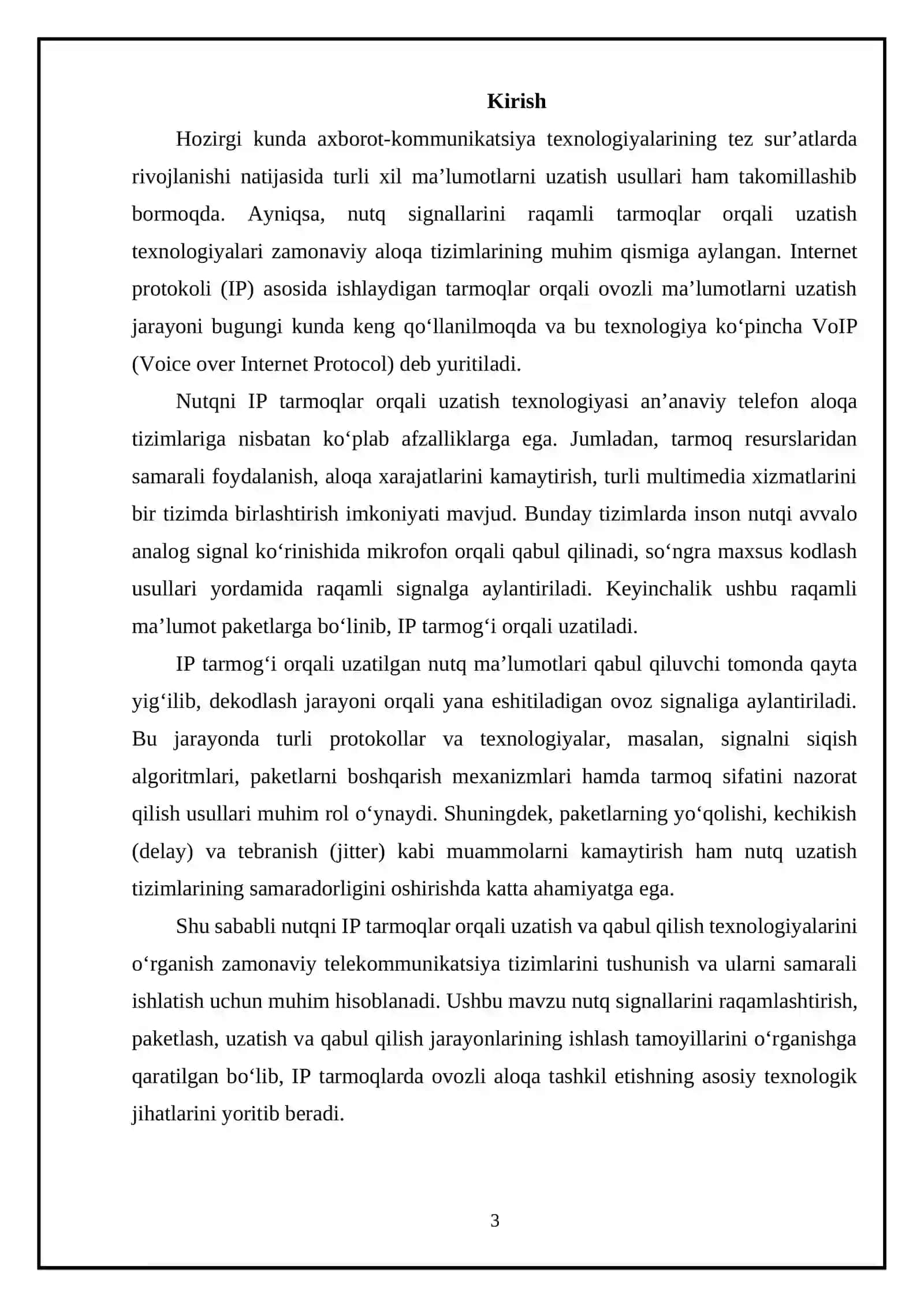 Mustaqil ishi "Nutqni ip tarmoqqa uzatish va qabul qilish texnologiyalari" 3