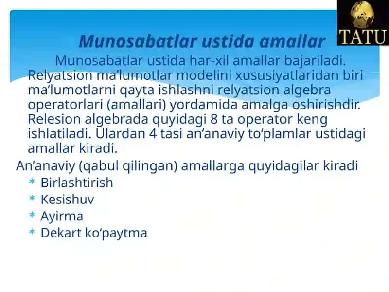 MA’RUZA-5. RELYATSION ALGEBRA VARELYATSIONXISOBLASHELEMENTLARI 3