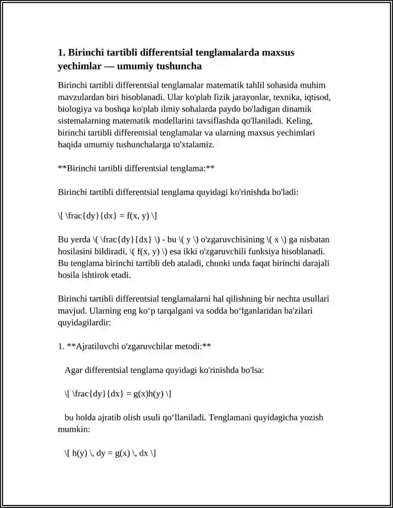 BIRINCHI TARTIBLI DIFFERENTSIAL TENGLAMANING MAXSUS YECHIMI. KLERO TENGLAMASI. LAGRANJ TENGLAMASI 3