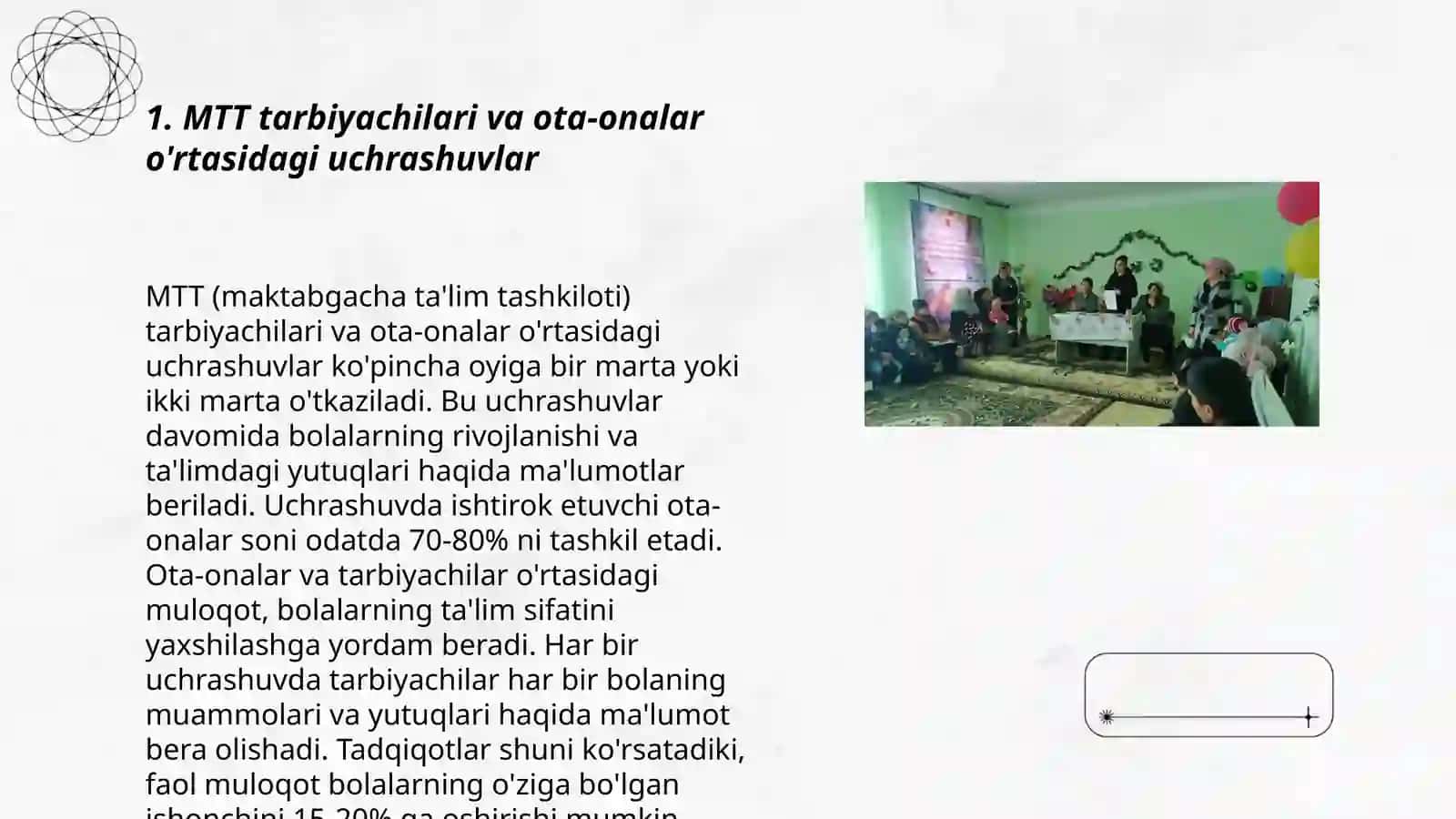 MTT tarbiyachilari ota-onalar va oila hamkorligidagi eng keng tarqalgan ish shakllari va usullari 3