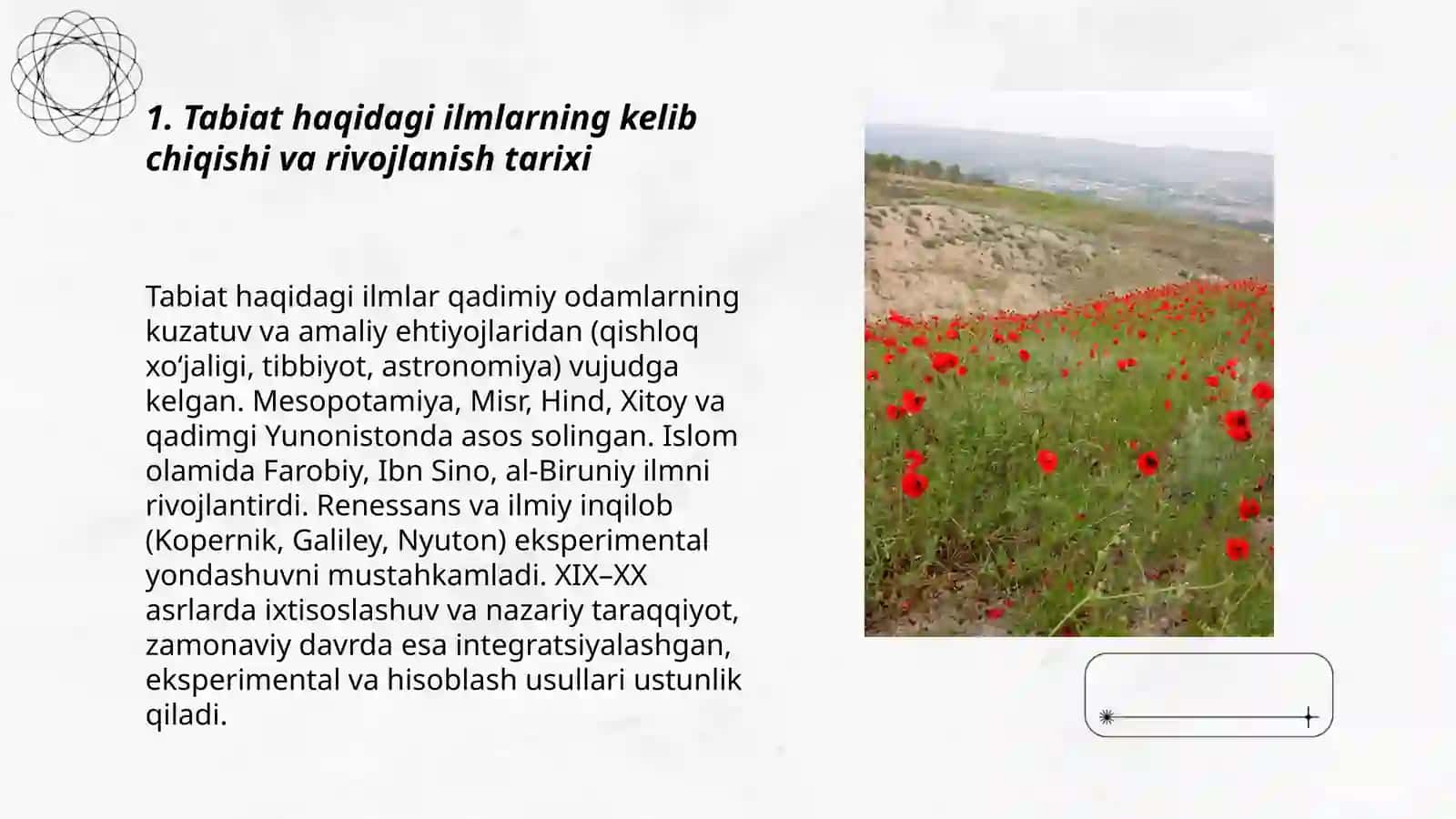 Tabiat haqidagi ilimlarning paydo boʻlishi asosiy vazifalari va boʻlimlari 3
