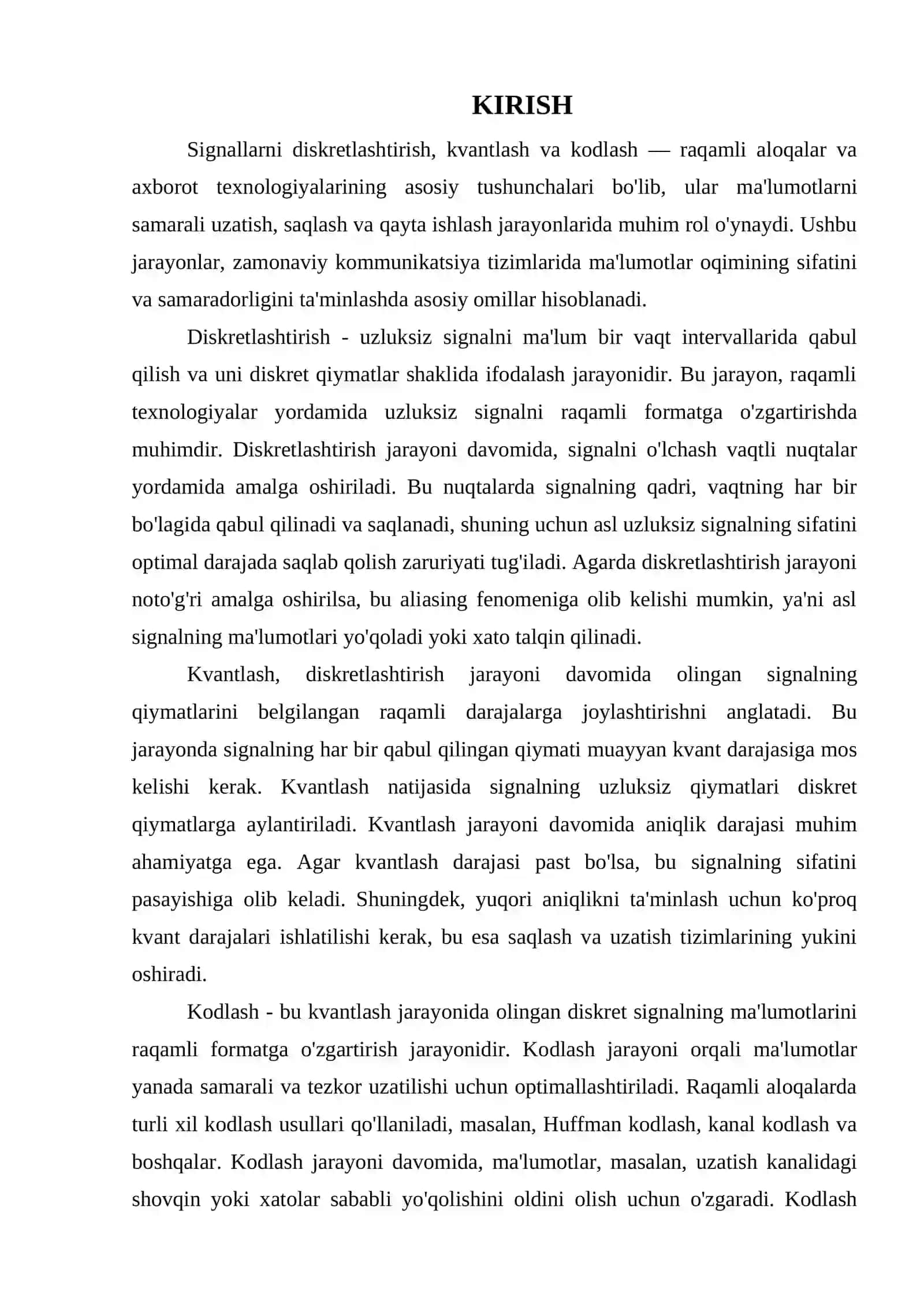 SIGNALLARNI DISKTERLASH, KVANTLASH VA KODLASH 3