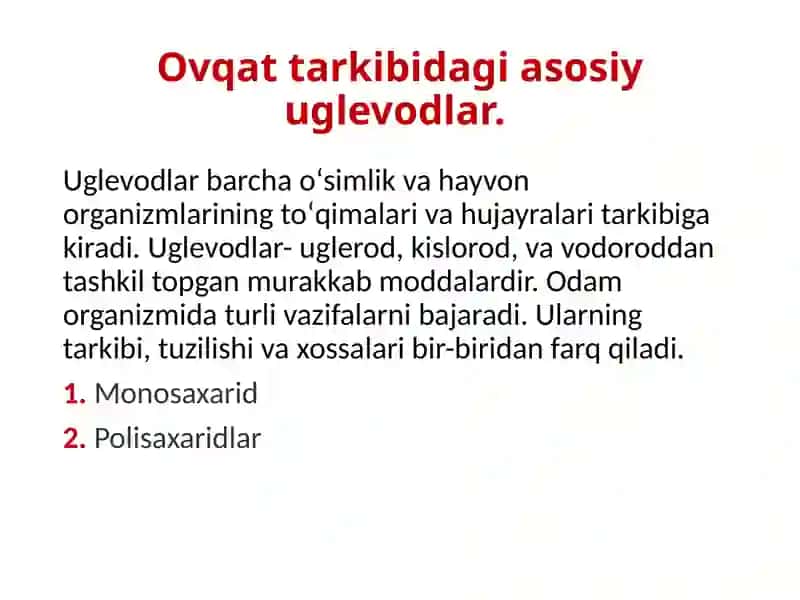 Uglevodlar.Monosaxaridlar tuzilishi va xossalari.Di-,gomo-,vageteropolisaxaridlar 3