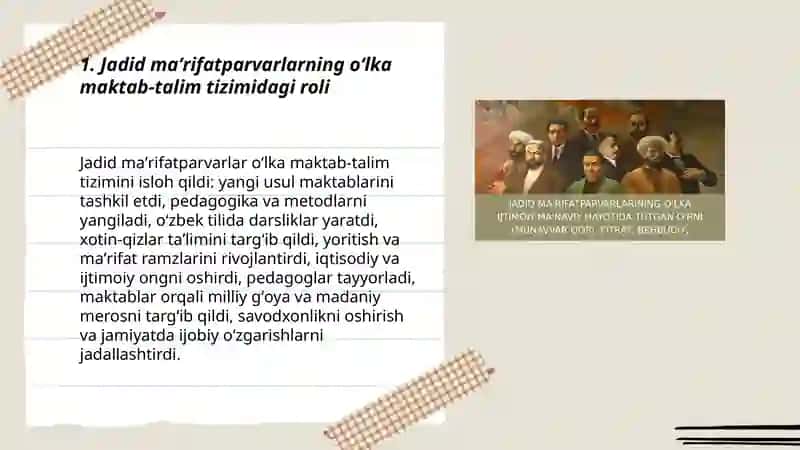 Jadid maʼrifatparvarlarning oʻlka maktab-talim tizimidagi roli 3