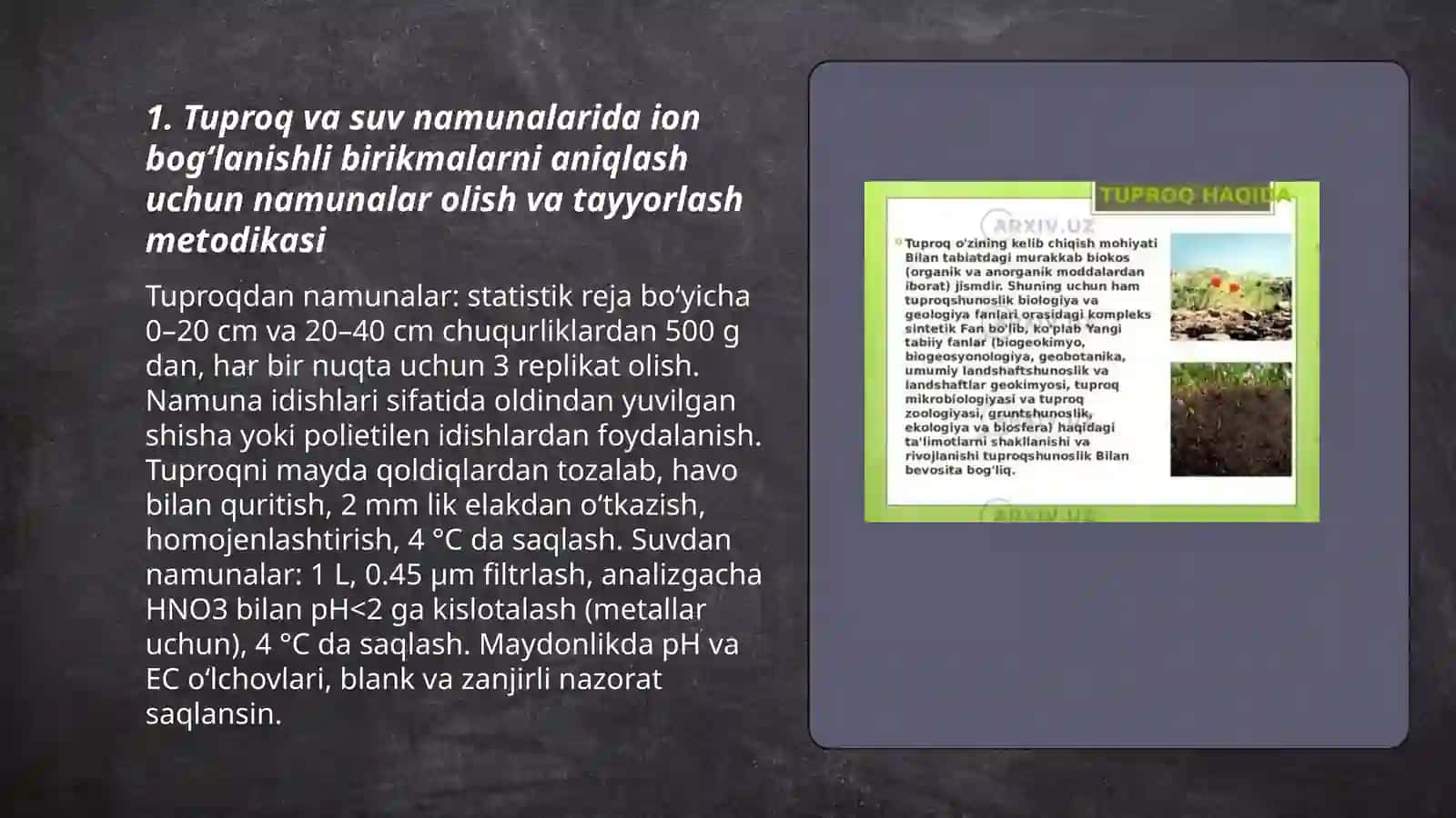 Tuproq va suvning ifloslanishida ion bog‘lanishli birikmalarni aniqlab, ulardan tozalash usulini ishlab chiqish 3