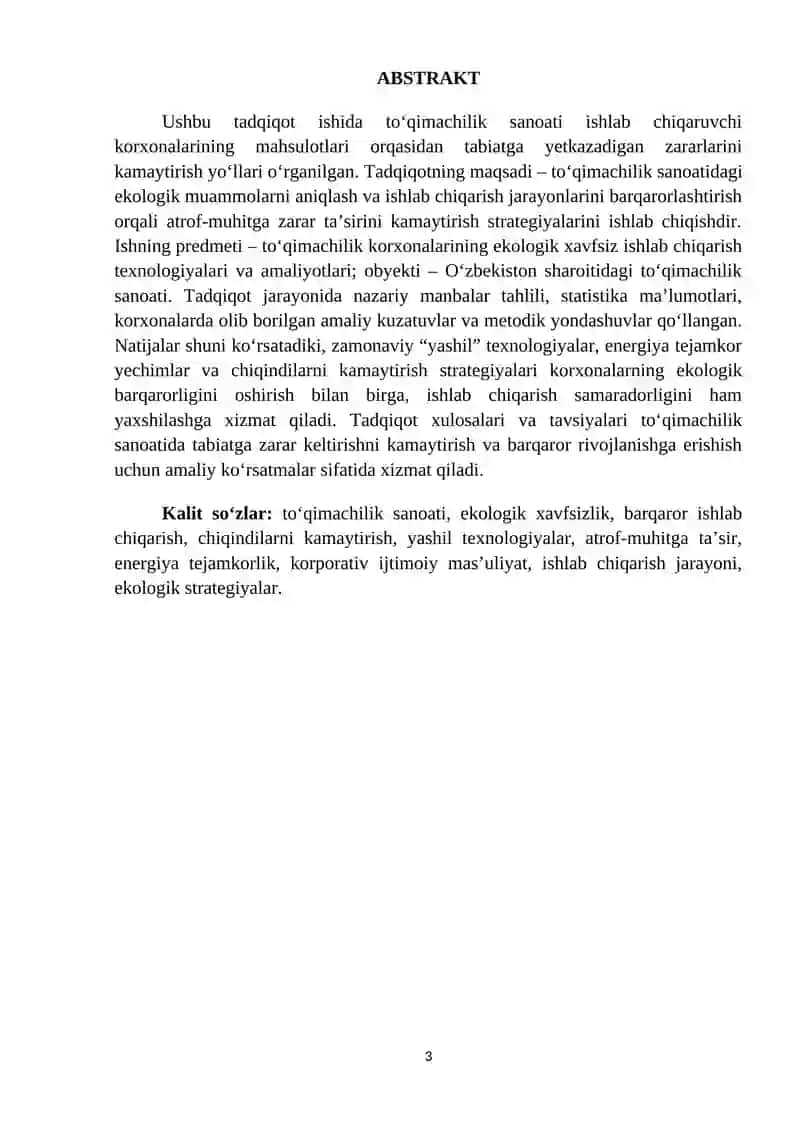 Ishlab chiqaruvchi korxonalarni mahsulotlari orqasidan tabiatga berayotgan zararlarini kamaytirish yoʻllari (Toʻqimachilik sanoati misolida) 3