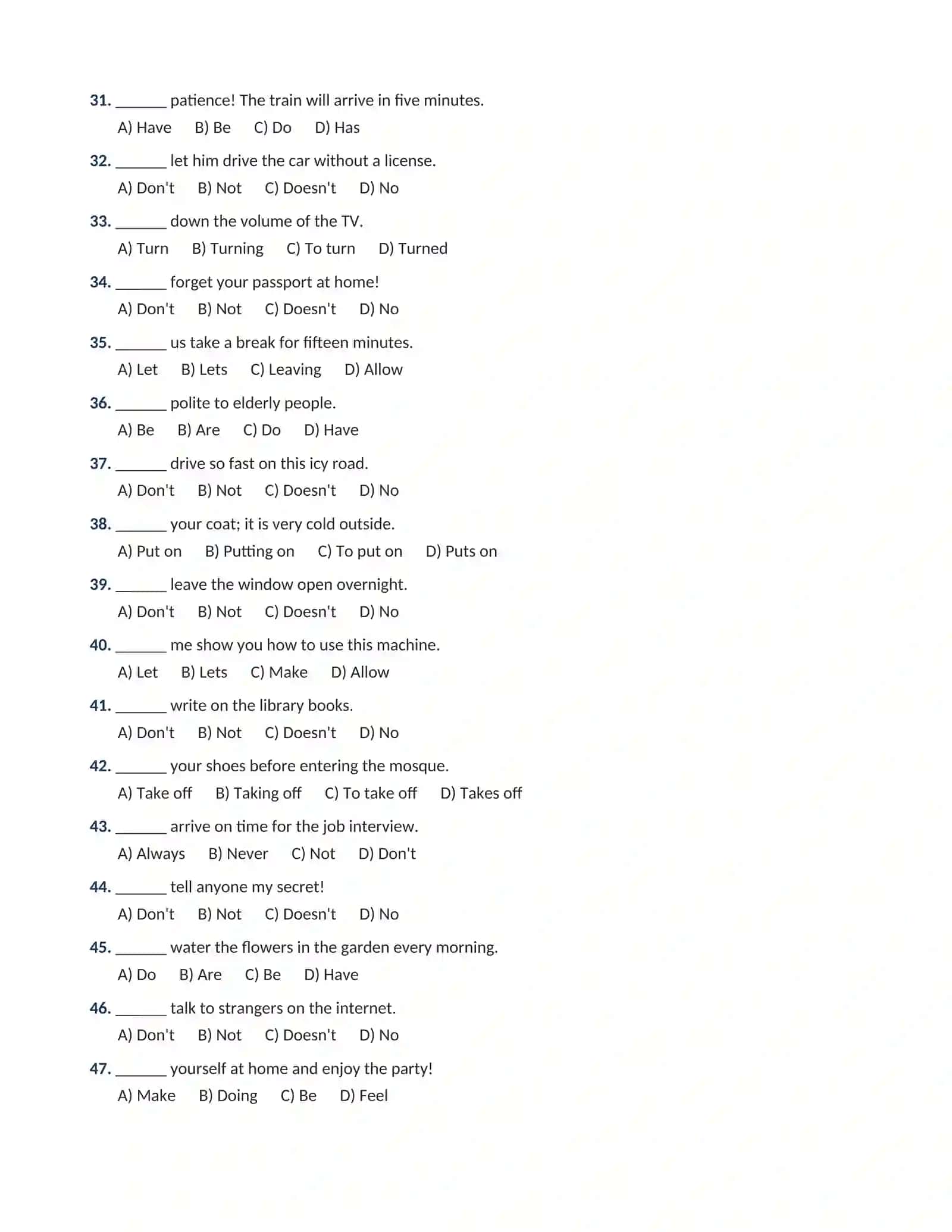 INGLIZ TILI GRAMMATIKASI: IMPERATIVES (BUYRUQ GAPLAR) 100 TALIK TEST JAVOBLARI BILAN 3