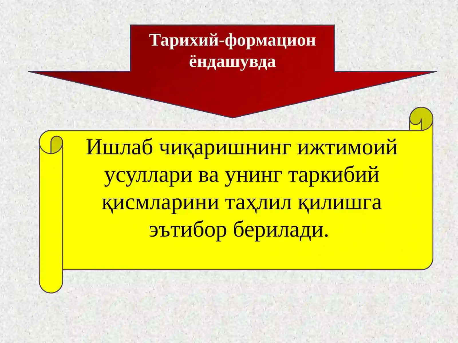 Тарихий-формацион ёндашувда ишлаб чиқаришнинг ижтимоий усуллари ва унинг таркибий қисмларини таҳлил қилиш 3